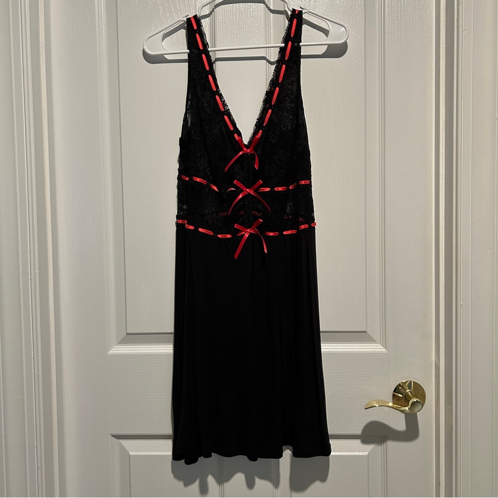 Adore Me Black Lace Nightgown with Red Ribbon